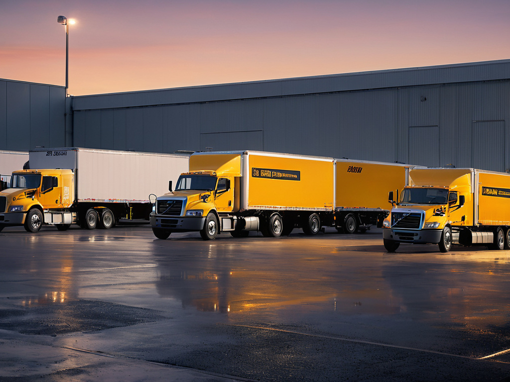 A professional, photorealistic exterior view of a heavy-duty fleet depot at dusk, showing several large electric trucks parked at charging bays, industrial lighting casting long shadows on wet asphalt, a technician in high-visibility clothing walking between vehicles, clean composition with no visible text, signage, or letters
