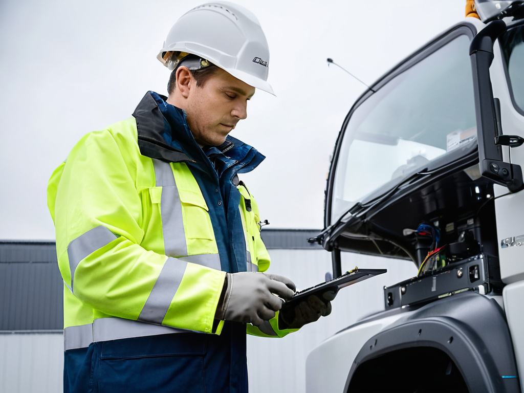 A professional, photorealistic close-up of a technician installing an external GPS antenna and CAN bus connector on the roof of a heavy-duty electric truck, overcast daylight, shallow depth of field, hands wearing work gloves, clean industrial setting, no visible text, labels, or letters