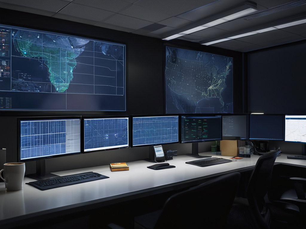 A professional, photorealistic interior view of a fleet operations office at night, a large monitor showing a map with multiple vehicle route lines and stop clusters, a second laptop showing a clean grid of colored squares, warm desk lighting, clean desk with a coffee cup and notebook, no visible text, labels, or letters