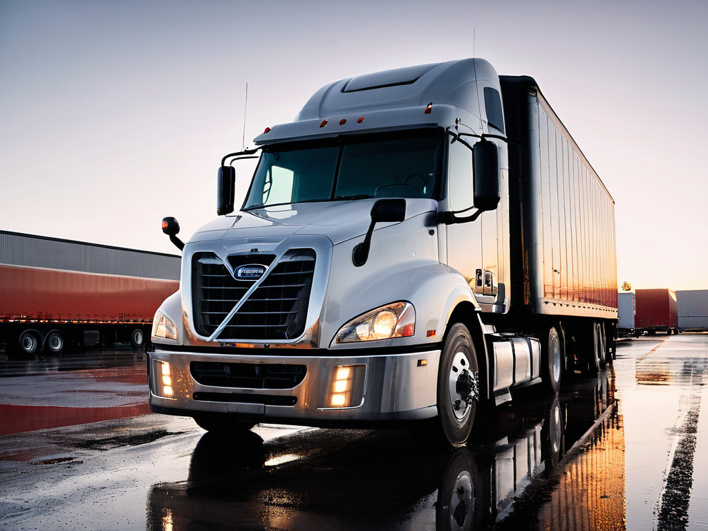 A professional, photorealistic view of a heavy semi-truck cab parked in a logistics yard at dawn, wet asphalt, low-angle sunlight reflecting off the side mirror, a small roof-mounted GPS antenna visible, no visible text overlays or letters inside the image. Describe only visual elements.