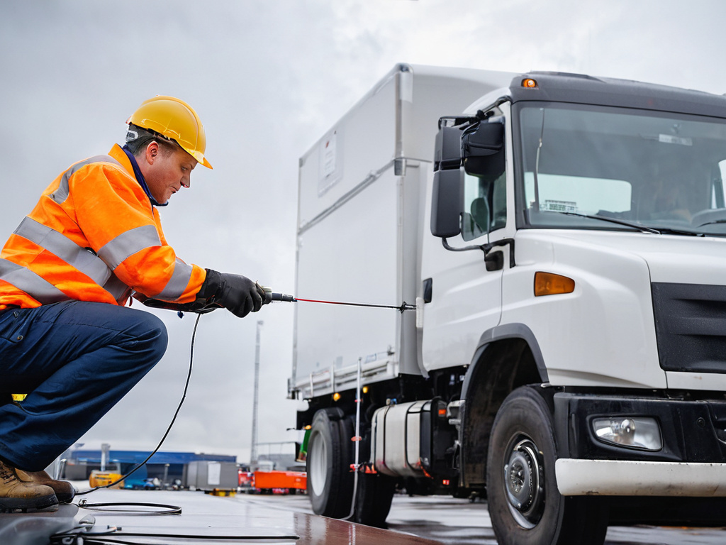 A professional, photorealistic close-up of a technician installing a small active GPS antenna on the roof of a heavy truck cab, gloved hand tightening a bracket, overcast daylight, clean logistics yard in the background, no visible text overlays or letters inside the image. Describe only visual elements.