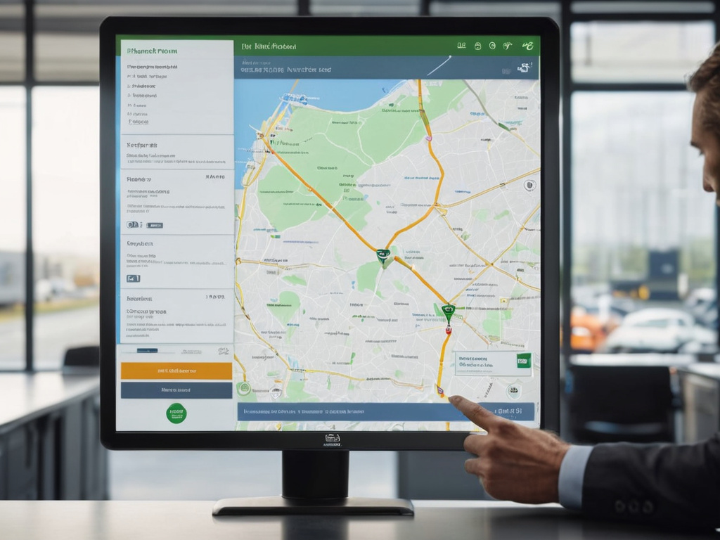A professional, photorealistic image of a logistics office screen showing a map with a truck route and a small data panel, a driver's hand resting near a tablet, soft window light, no visible text overlays or letters inside the image. Describe only visual elements.