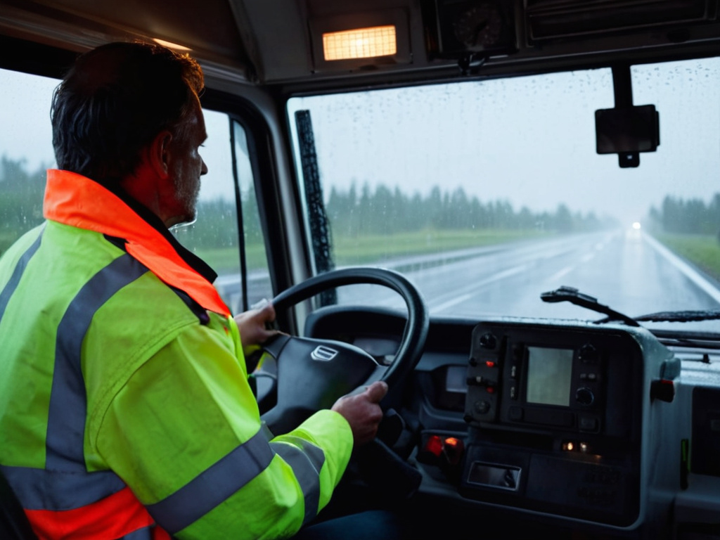 A photorealistic interior of a heavy truck cab at dawn, a driver in a high-visibility jacket looking at a blank in-cab display, hands resting on the steering wheel, dashboard gauges softly lit, windshield showing a wet highway, natural side light, shallow depth of field, no text overlays