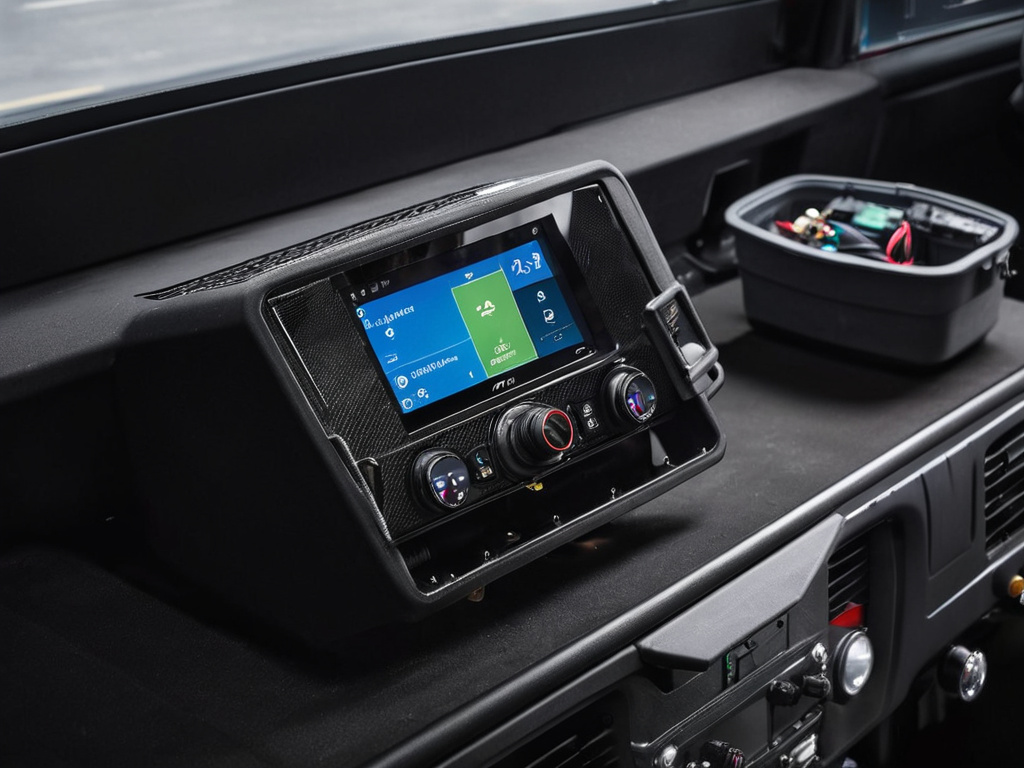 A close-up photorealistic view of a truck telematics module mounted under a dashboard, black plastic housing with visible wiring, a small GPS antenna cable routed to the roof, soft workshop lighting, clean metal bracket, no text overlays